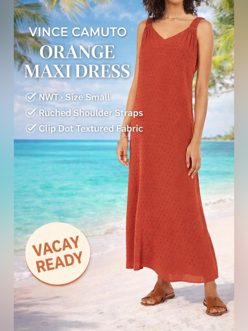 Vince Camuto Orange Clip Dot Maxi Dress S NWT Ruched Shoulder Summer Vacation